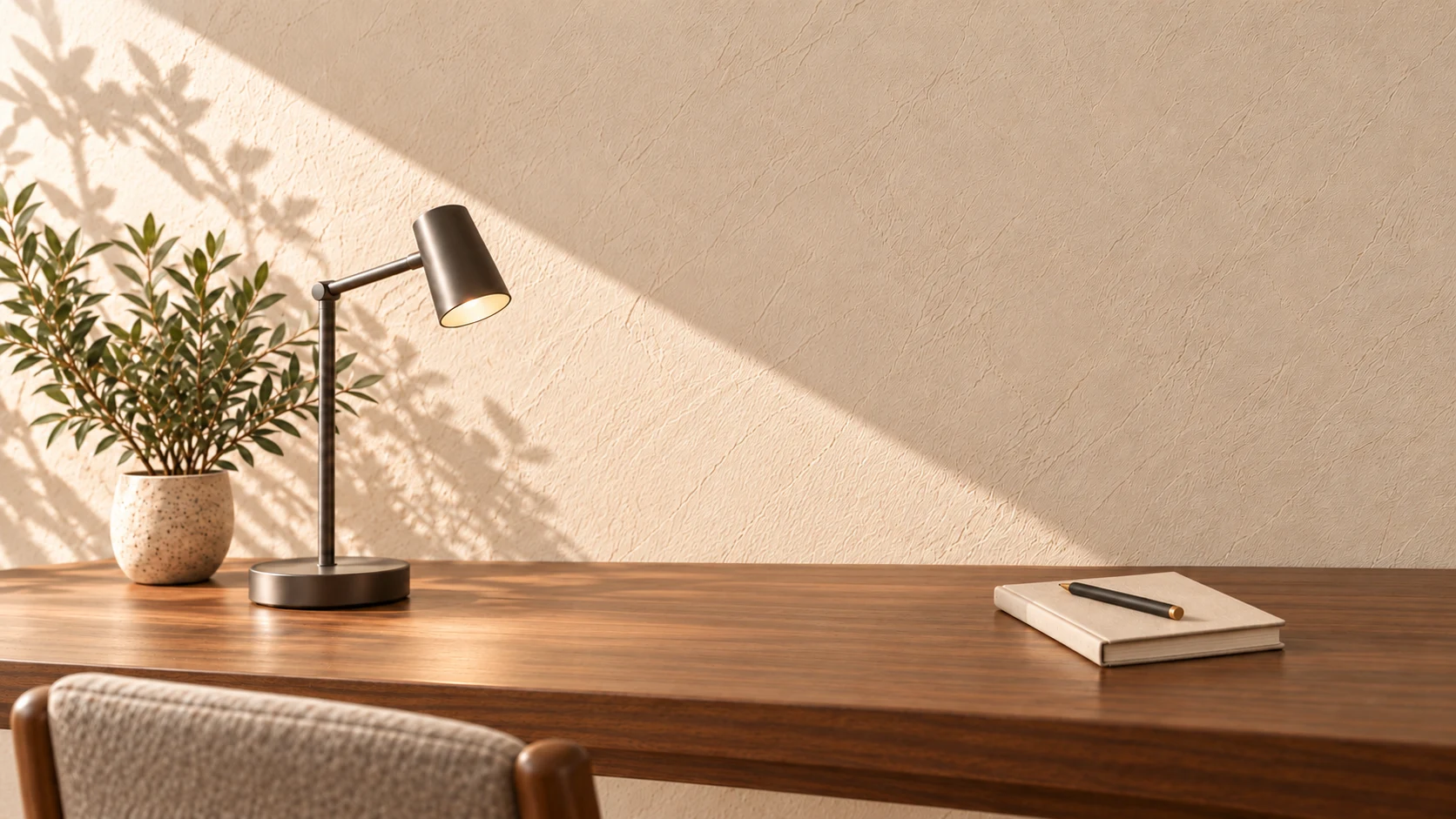 A walnut writing desk against sunlit plaster, with a metal lamp, leafy plant, linen notebook and upholstered chair.