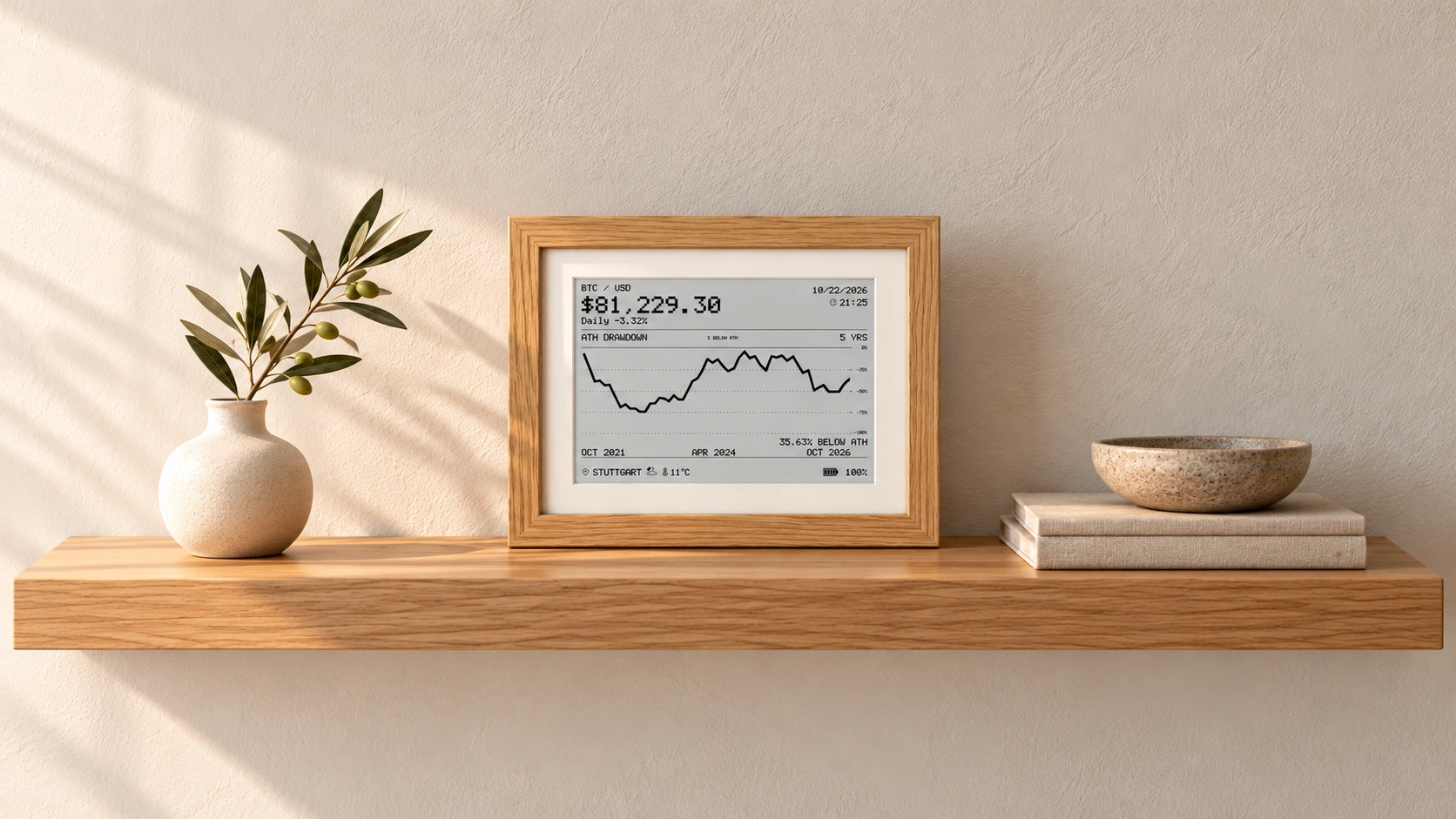 PaperPrice centred on an oak shelf, beside a leafy branch in a ceramic vase and pale books topped with stone decor, in soft afternoon light.